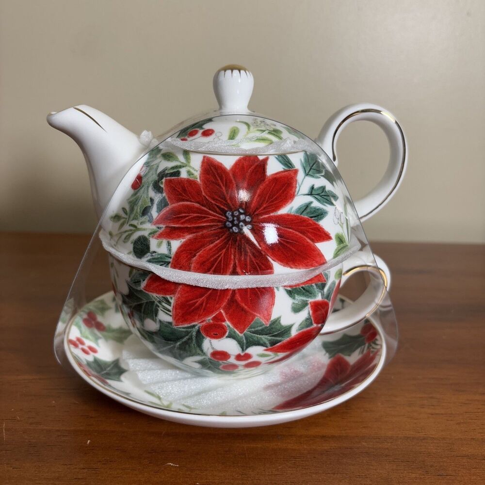 Grace Teaware Christmas Poinsettia Tea For One Brand New Complete 4 Piece